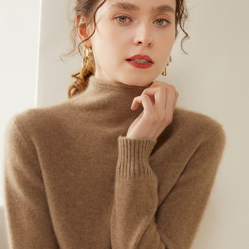 女士山羊绒衫半高领卷边纯色套头内搭毛衣宽松时尚休闲针织打底衫
