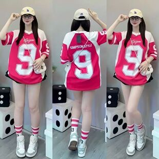 网眼拼接ins风运动半截袖 男女夏季 上衣 复古V领冰球服t恤短袖 美式