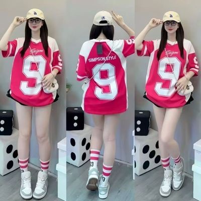 美式复古V领冰球服t恤短袖男女