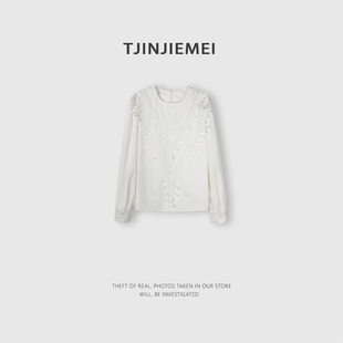T恤TX2601 休闲百搭V领花边显瘦长袖 新款 20230 T井姐妹