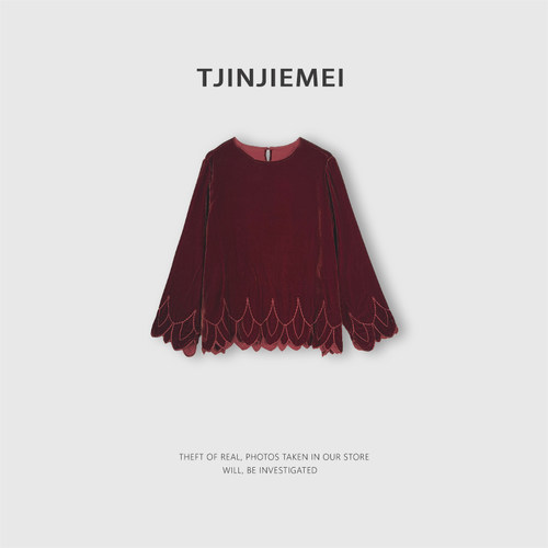 T井姐妹【小时代】设计感精致刺绣真丝丝绒气质T恤TX2601-ZT713