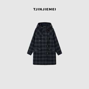 WB921 T井姐妹 设计感连帽山羊绒大衣DY2509 新款 格尔纹