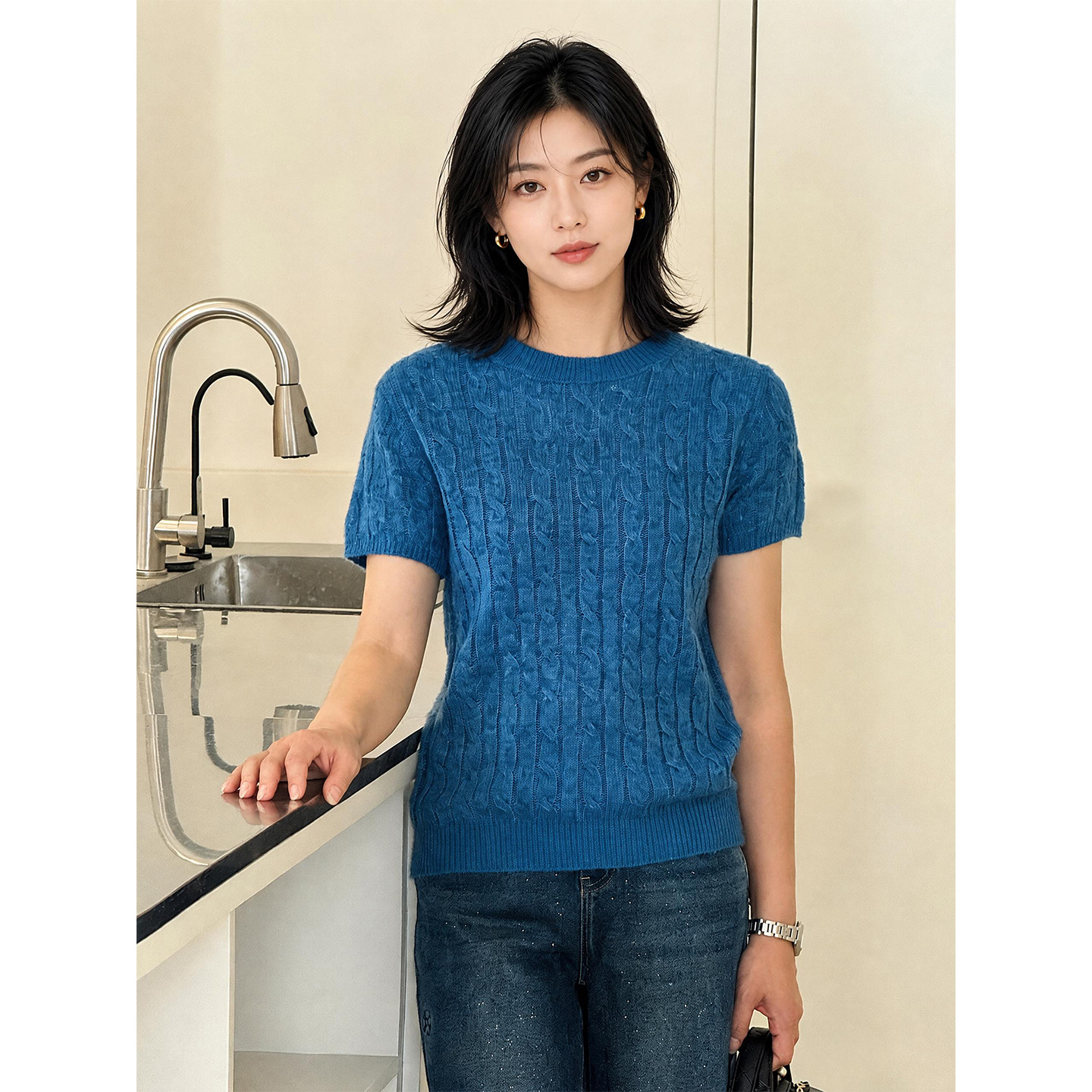 T井姐妹【小麻花】设计感羊毛休闲百搭短袖T恤DX2608-26-6060图片