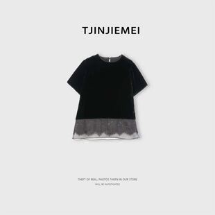 T井姐妹【玄月】100真丝丝绒设计感圆领简约短袖T恤DX2605-TJ807