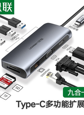 绿联 40873 Type-C扩展坞USB-C转HDMI+千兆网口九合一分线器雷电3