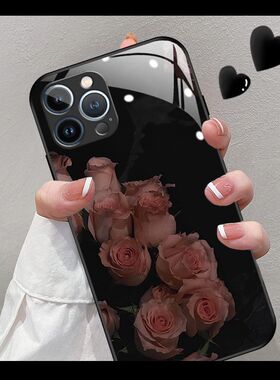 DZ适用苹果15promax手机壳新款iPhone15硅胶14plus黑色13pro全包12防摔11高级感xsmax女款8可爱7黑底玫瑰花朵