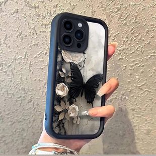 iPhone15硅膠14plus黑色13pro全包12防摔11高級感8女款 DZ適用蘋果16promax手機(jī)殼新款 7皮紋6文藝蝴蝶山茶花
