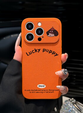 DZ适用苹果17promax手机壳新款iPhone16大视窗15plus简约橙色14Pro卡通英文小狗13全包防摔12小众皮纹保护套