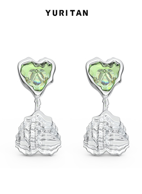 YURITAN贝壳爱心吊坠耳钉原创设计银色镀金镶嵌宝石女款时尚耳饰