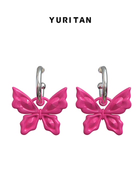 赵露思同款YURITAN多巴胺色系粉色白色大蝴蝶耳环2024春夏新款
