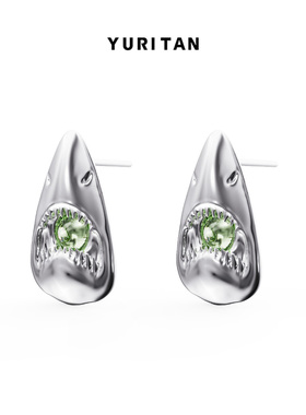 YURITAN海洋鲨鱼头镶钻耳钉深海系列原创设计镀金镶钻情侣款耳饰