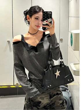 MR【原版做法】美式辣妹吊带露肩设计感上衣女秋季修身一字肩长袖