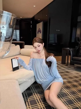 一字肩长袖连衣裙女秋季蓝色显瘦收腰裙子蝙蝠袖纯欲辣妹包臀短裙