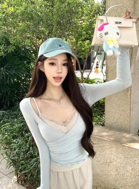 MR【随心裁】套装女蓝色v领长袖修身T恤秋季吊带背心叠穿上衣两件