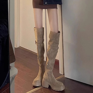 过膝棕色靴子厚底8CM美拉德显瘦两穿高筒骑士靴女翻折粗跟长筒靴