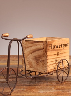 田园铁艺自行车花架室内摆台式三轮车木质花盆架家居桌面摆件装饰