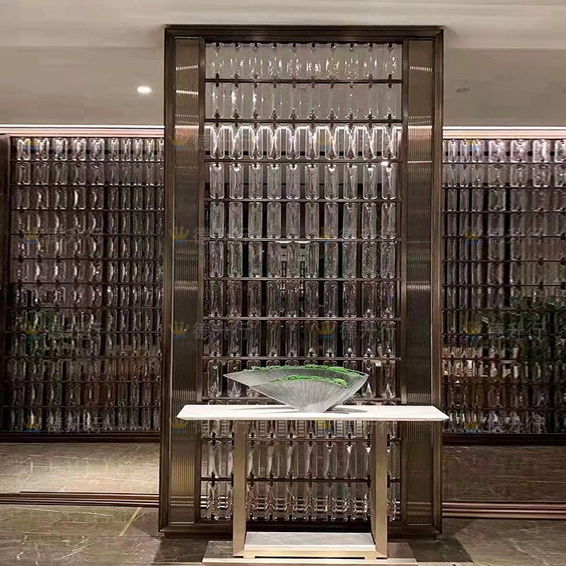 酒店会所大堂简约轻奢不锈钢玄关隔断客厅入户艺术水晶玻璃屏风柜