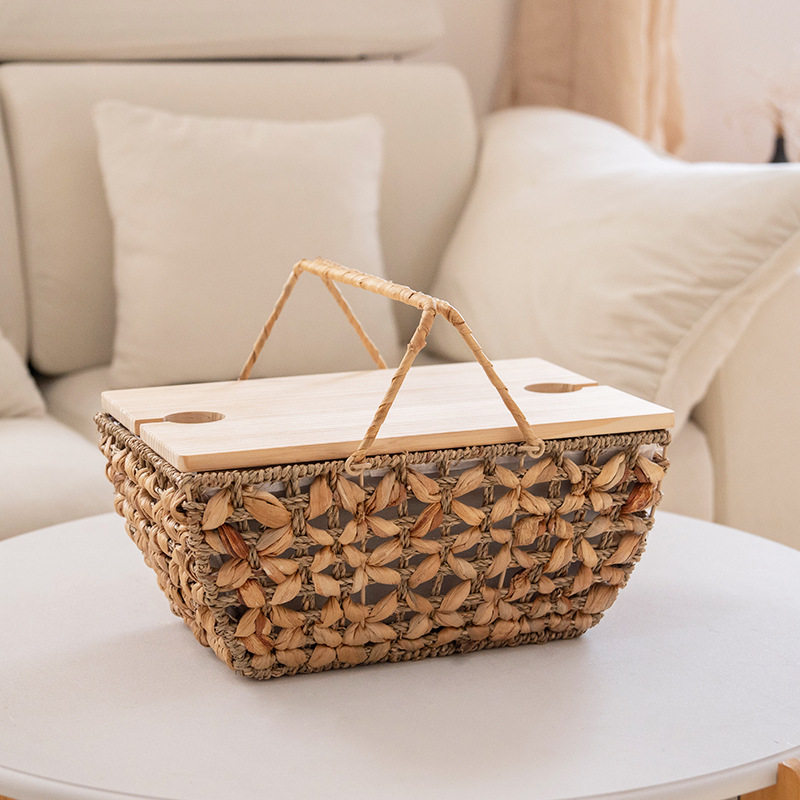 2026新款海草葫芦草混编野餐篮手提保温带盖户外春游食物收纳篮