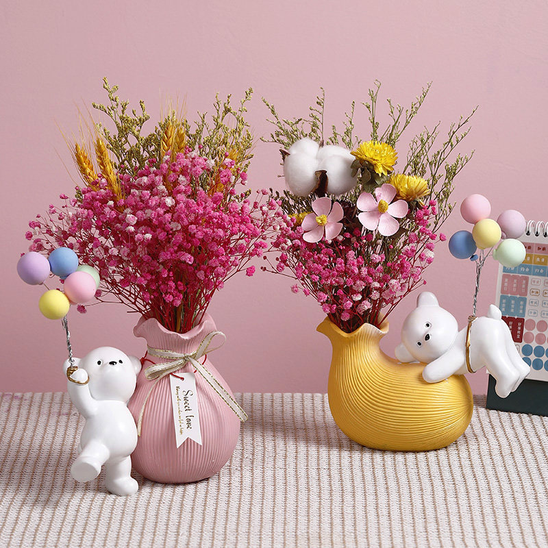 小熊花瓶花艺摆件家居饰品满天星干花客厅插花电视柜桌面生日礼物