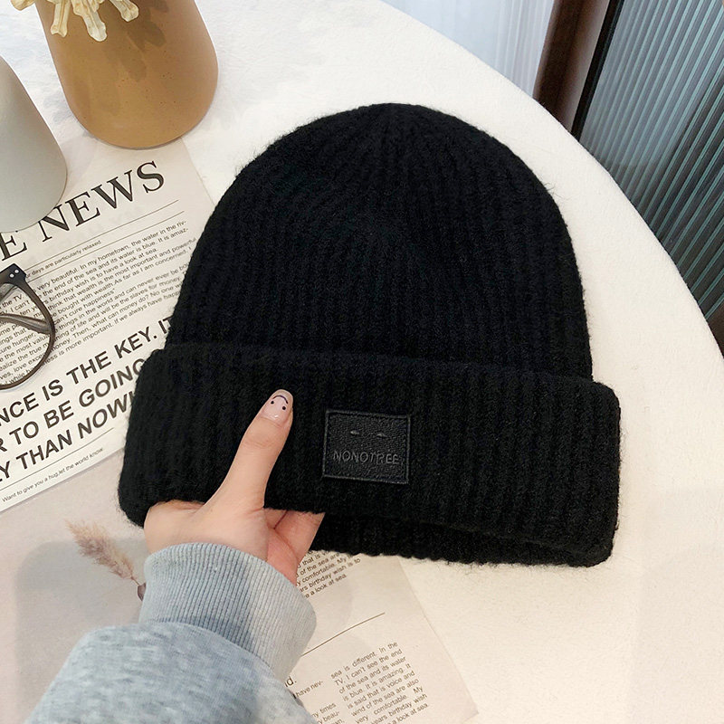 thumbnail for Smiling face knitted cold hat women's 2025 new autumn and winter big head circumference warm beanie hat cycling cold hat ear protection