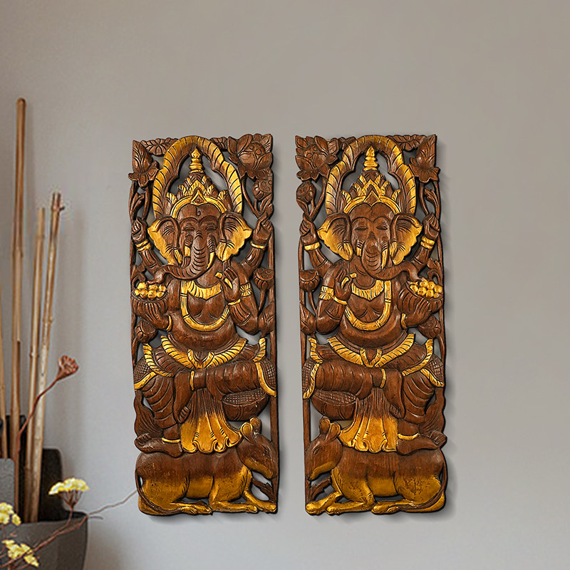 泰国象鼻财神雕花版款实木挂屏东南亚风格木雕装饰画工艺品玄关件