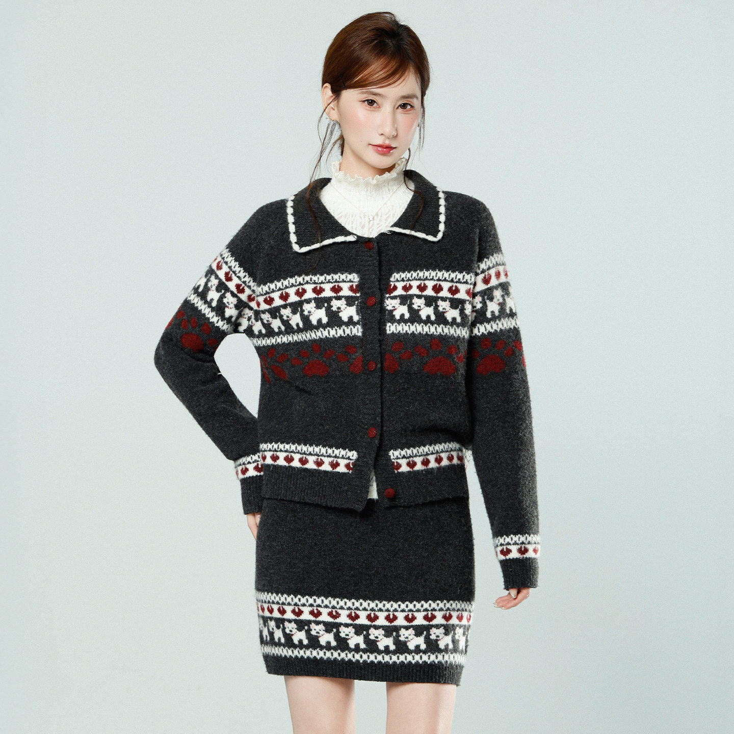 实拍实价费尔岛小狗提花羊毛针织开衫女2025新款秋冬宽松毛衣外套