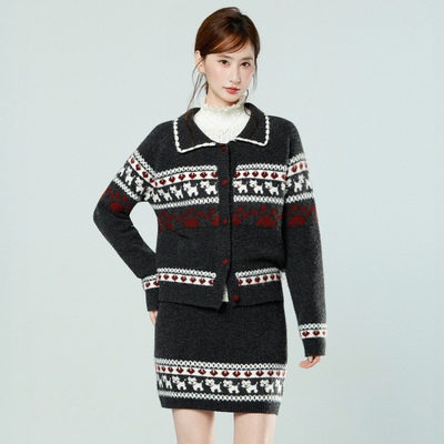 实拍实价费尔岛小狗提花羊毛针织开衫女2025新款秋冬宽松毛衣外套