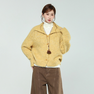 外套上衣女 开衫 实拍实价慵懒黄色翻领单排扣针织毛衣长袖 秋冬新款