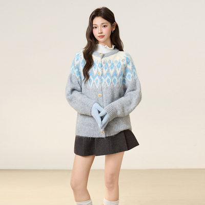 实拍实价慵懒风费尔岛提花撞色圆领毛衣女秋冬季宽松针织开衫上衣