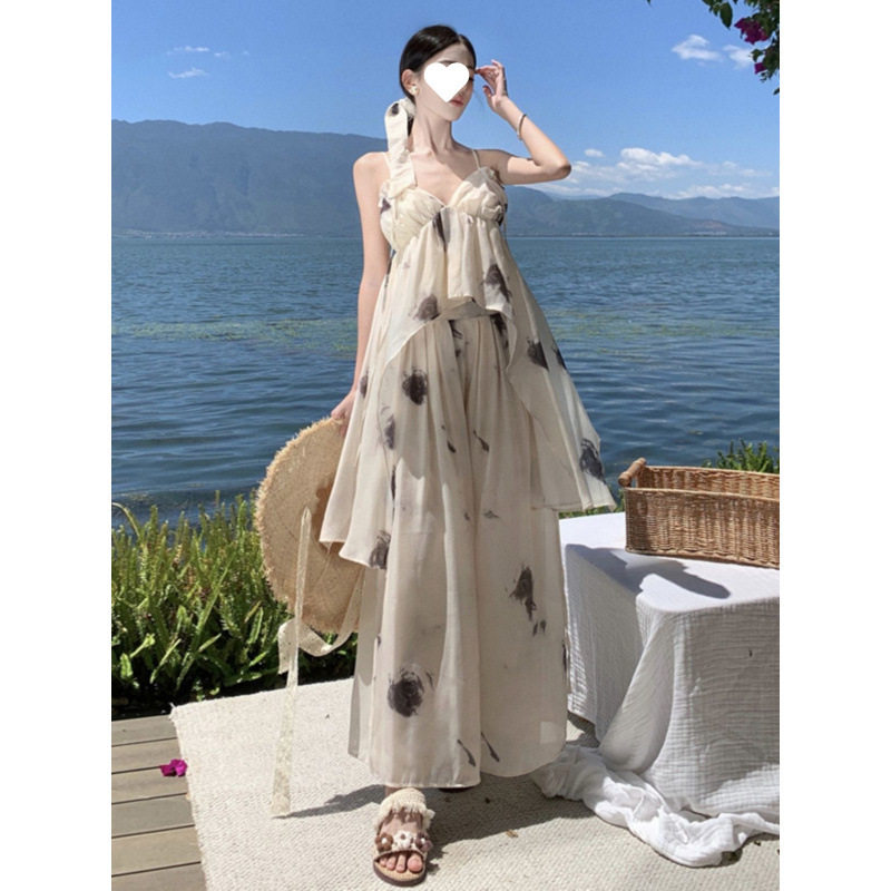 2025年夏季新款韩版设计感时尚女装裤裙套装水墨阔腿裤两件套ins
