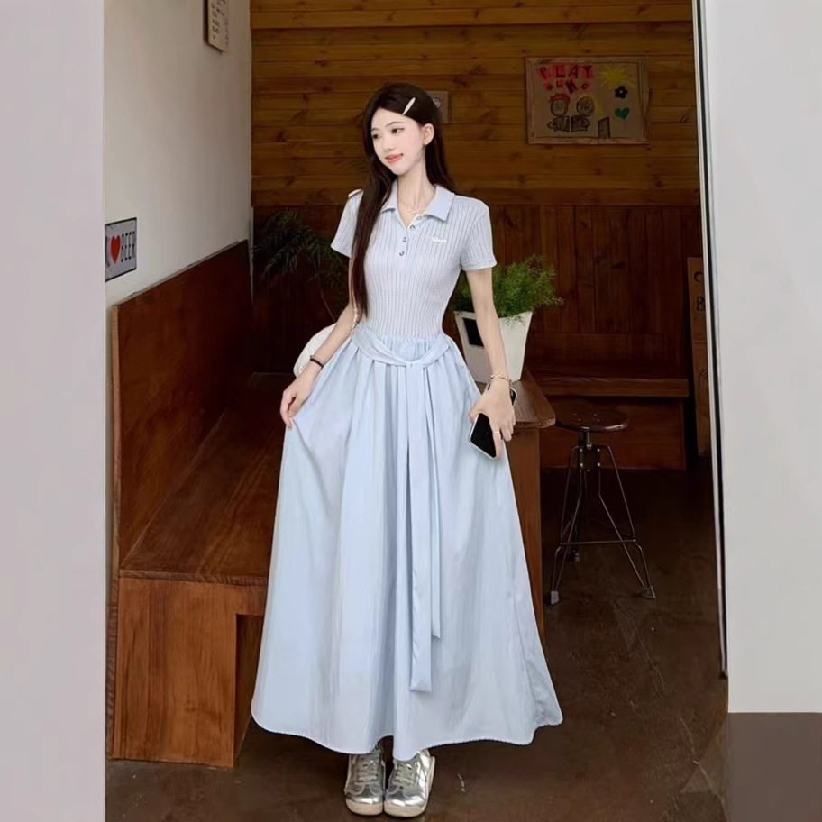 小个子蓝色Polo领短袖连衣裙女装夏季新款气质小众设计感绑带裙子