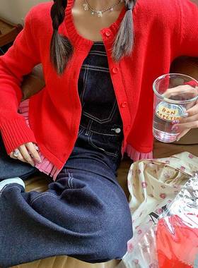 CheriZ红色针织开衫女2024秋季上衣长袖薄款毛衣显瘦百搭小衫外套