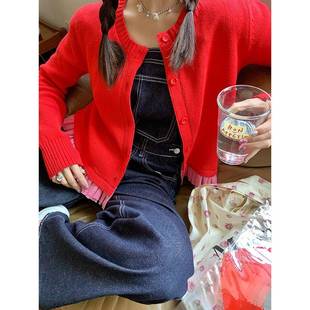 CheriZ红色针织开衫女2024秋季上衣长袖薄款毛衣显瘦百搭小衫外套