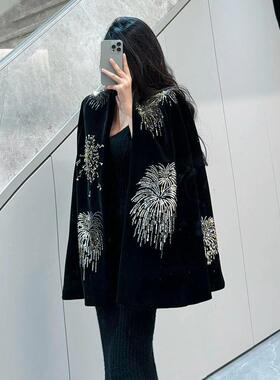 气QVJ质女神范千黑色烟花秋斗篷外套高级感金中长款羊毛呢大女衣2