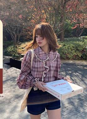 cheriz 花边领粉色格子秋季衬衫女士上衣2024年新款长袖衬衣外套