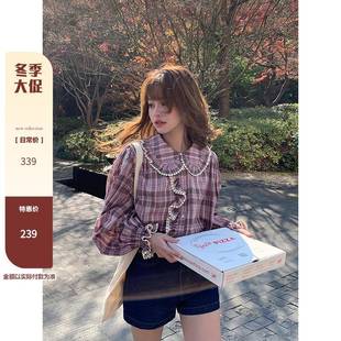 cheriz 花边领粉色格子秋季衬衫女士上衣2024年新款长袖衬衣外套