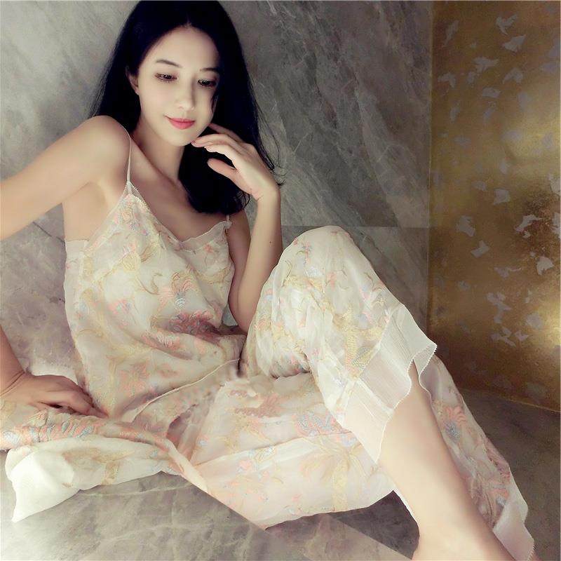 人刘美刘钰懿YNY真丝绣花女长袖服睡衣套装睡性感吊带三裤件套居