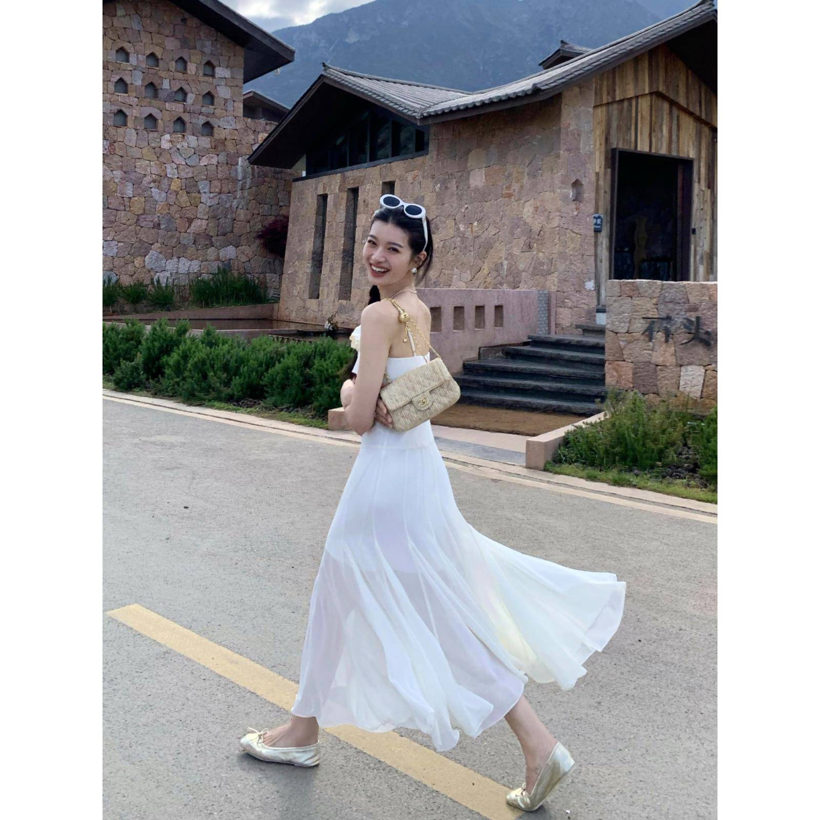 pusumede 黑色雪纺吊带连衣裙女夏季设计感翻领气质长款鱼尾纱裙