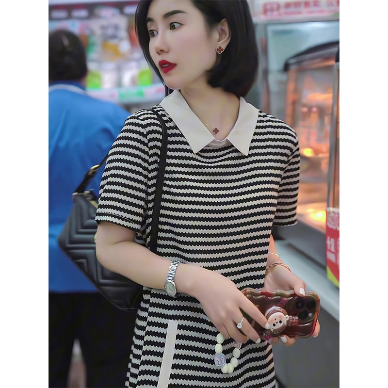 高端欧货黑白条纹连衣裙女夏季大码遮肚子显瘦欧洲站短袖T恤裙子
