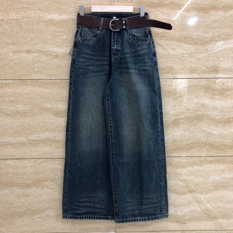 爆犀牛女蓝色腰带显瘦阔腿牛仔裤