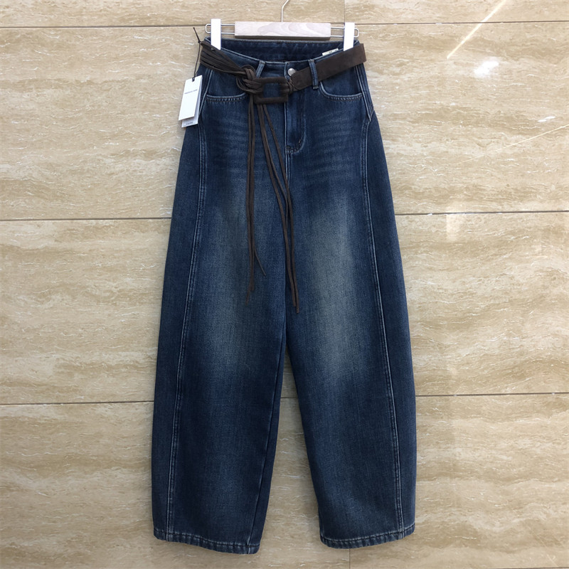 欧洲站3529设计感口袋弧形杠条腰带加绒加厚牛仔裤女冬季百搭新款