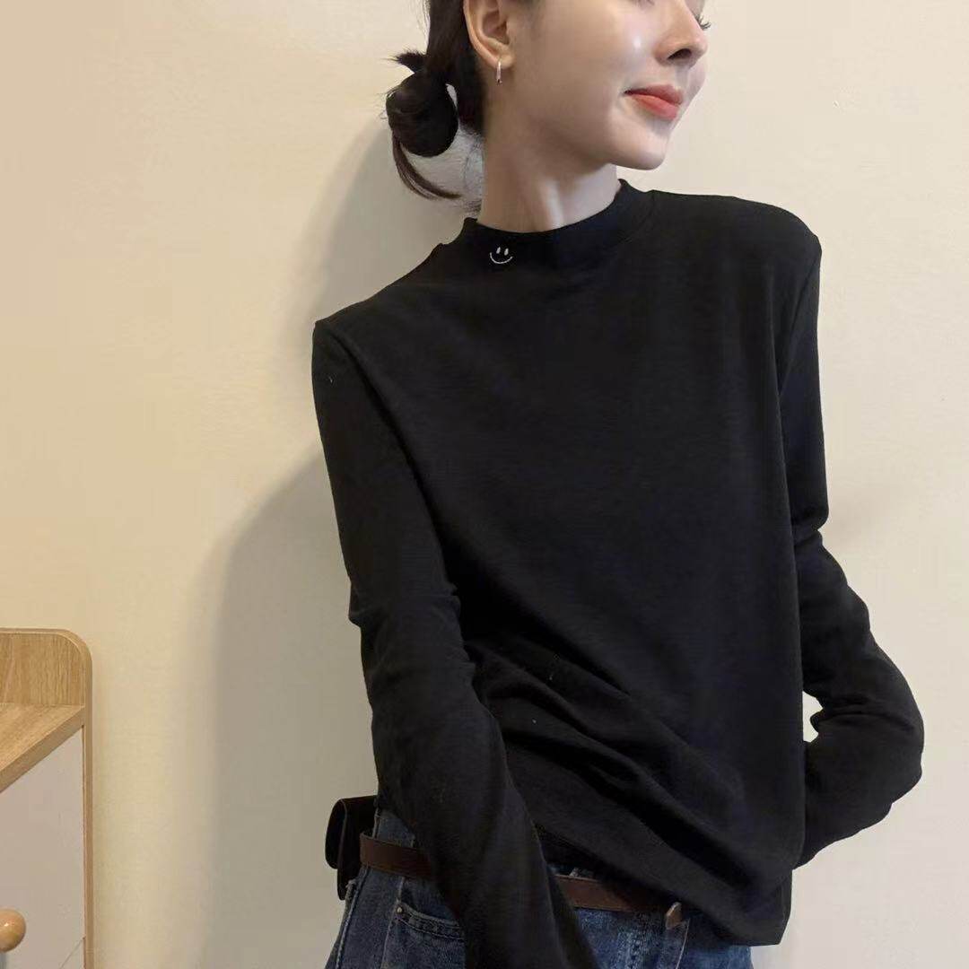 韩范笑脸刺绣加绒显瘦长袖T恤女