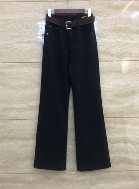 佐拿68611黑色简约云柔绵弹腰带纽扣拖地喇叭牛仔裤女冬季百搭款