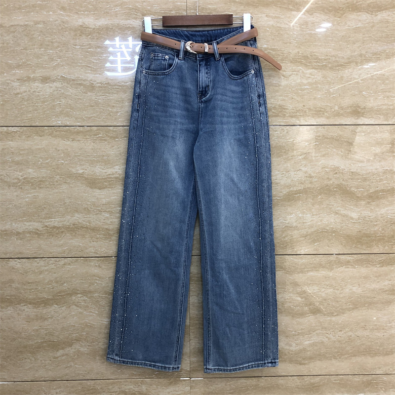 欧洲站2692高温烫钻设计洋气百搭窄版直筒显瘦春装腰带牛仔裤女款