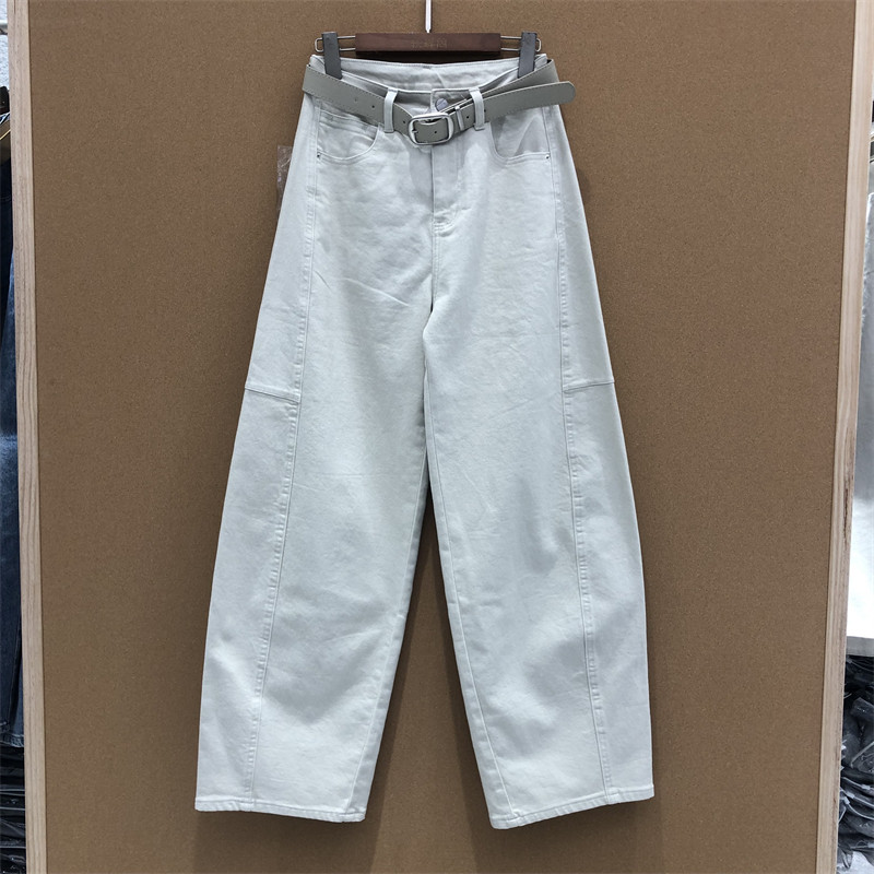 欧洲站佐拿661201正品米白色弯刀阔腿宽松显瘦腰带春装薄款牛仔裤