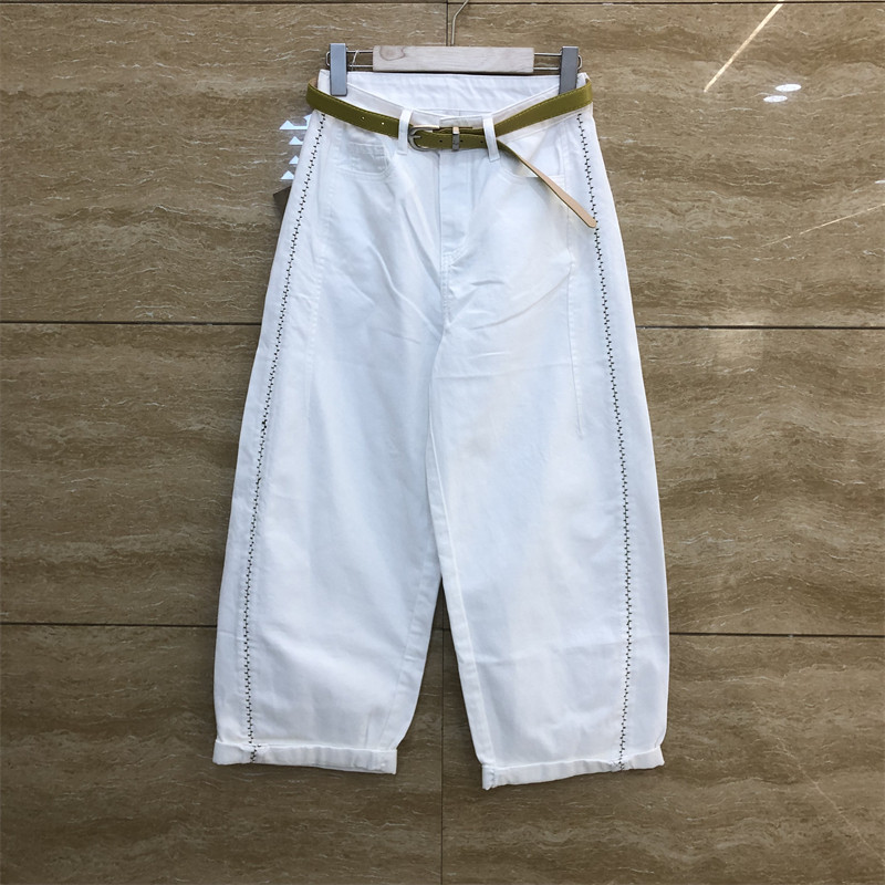 欧洲站A26188-1爆犀牛正品白色卷边弯刀波浪明线薄款夏季牛仔裤女