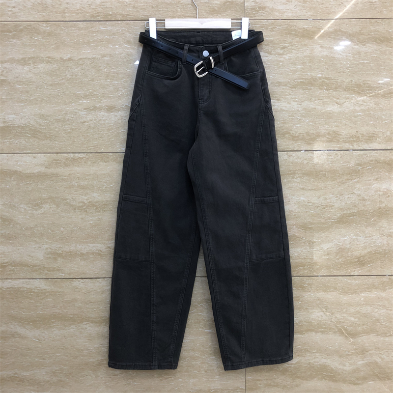 欧洲站2374-9军绿色简约口袋字母刺绣设计腰带弯刀牛仔裤女初冬款