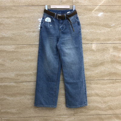 欧洲站浅蓝色腰带刺绣牛仔裤冬款