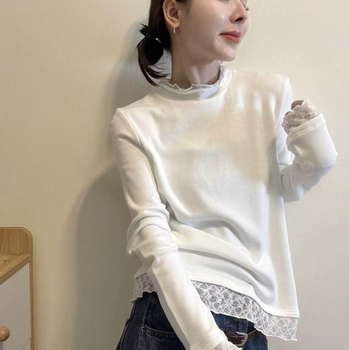 冬款加绒韩范显瘦蕾丝长袖T恤女