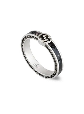 中古99新未使用 Gucci/古驰 互扣式双G黑色珐琅925银戒指纯银银饰